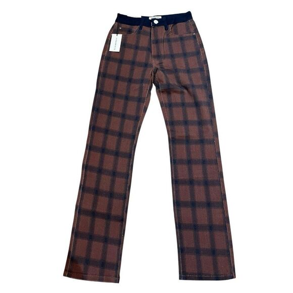 We Wore What Ladies 27 Brown Color Block Icon Jeans Modern Plaid Stretch NWT - Picture 2 of 7